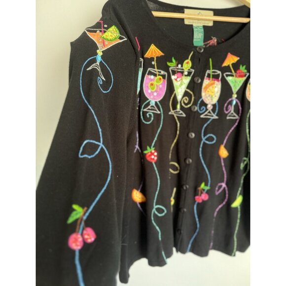 Design Options Womens Embroidered Cardigan XL Martini Wine Glasses Holiday Party - Picture 9 of 16